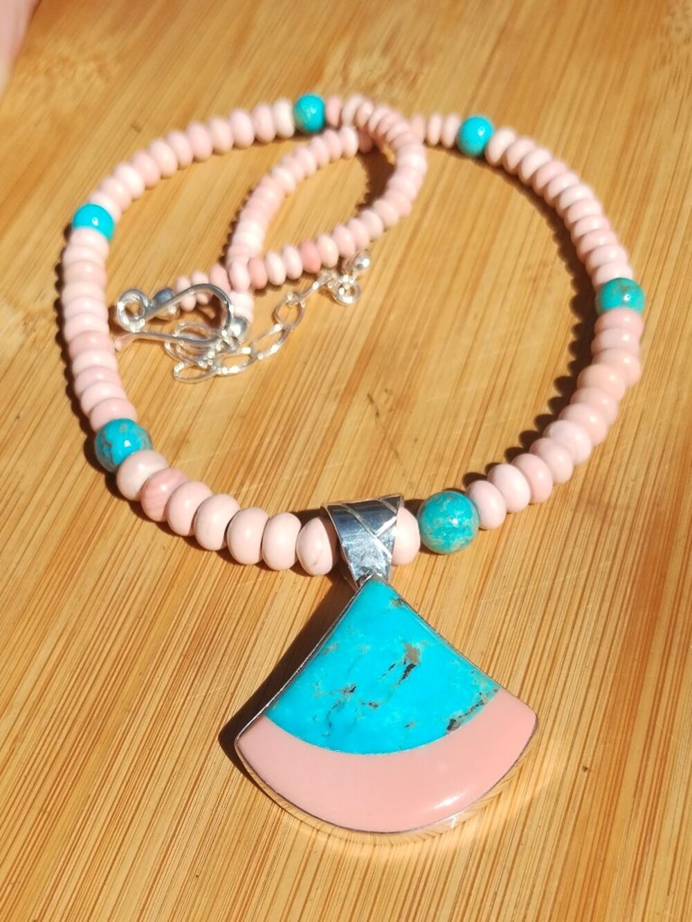 Jay King DTR pink opal Turquoise necklace inlay pendant 925 Sterling Silver